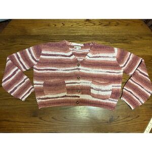 Derek Heart Women Pink Striped Chenille Knit Button Front Cardigan Sweater Sz 14